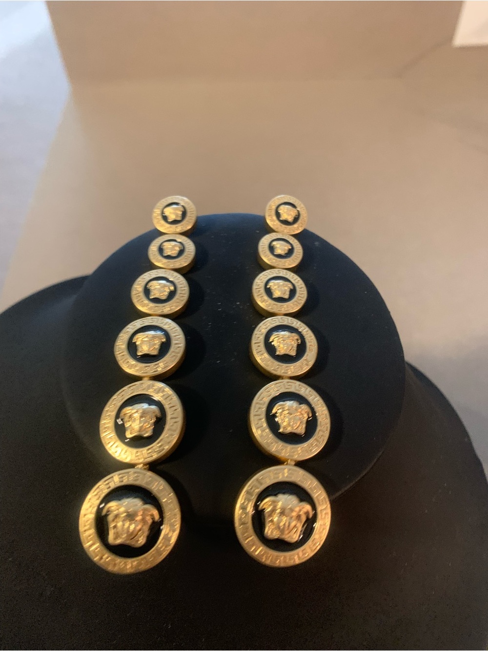 Gold and Black Medallion Drop Earrings